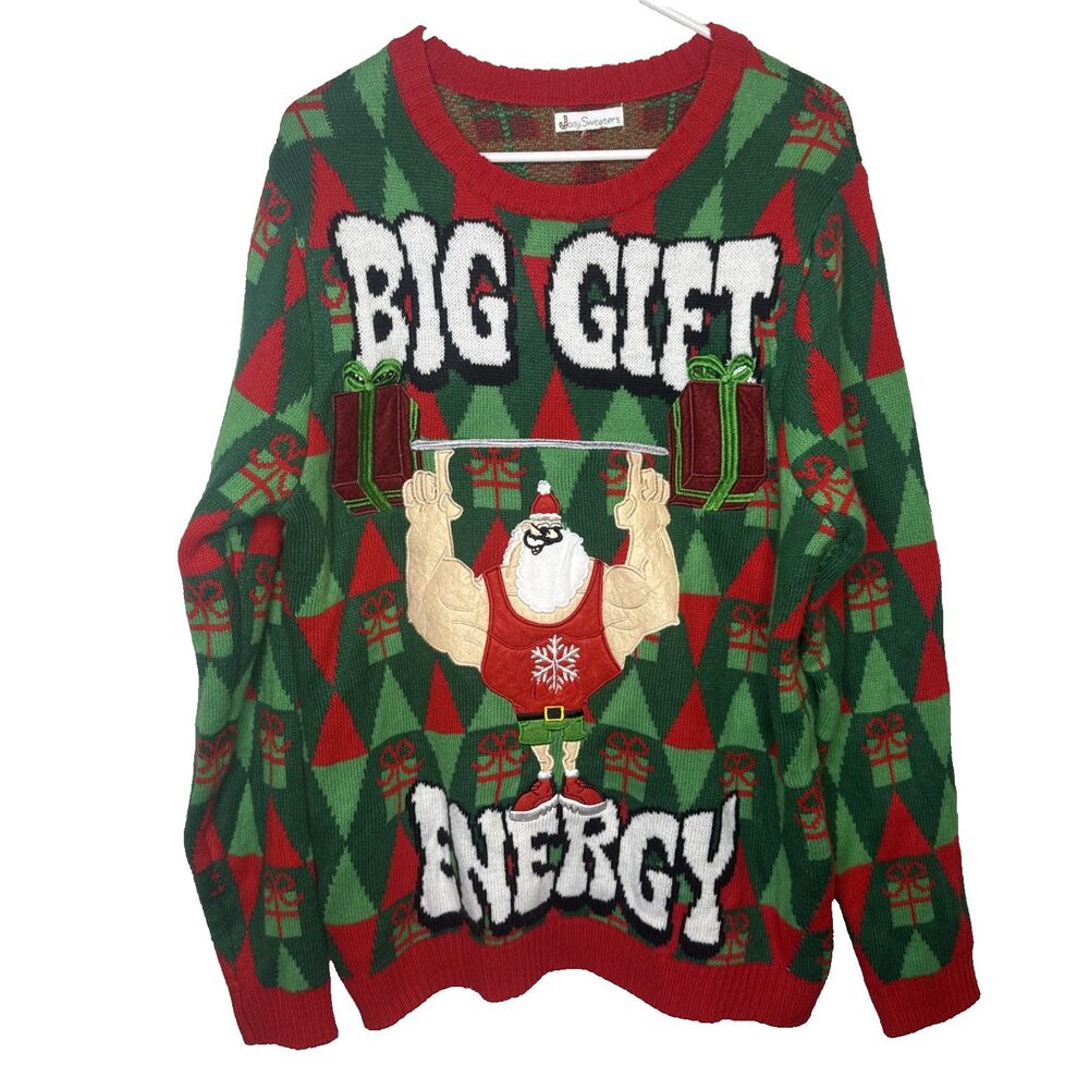 Jolly Sweaters Mens Large Big Gift Energy Santa Buff Body Ugly Christmas Sweater